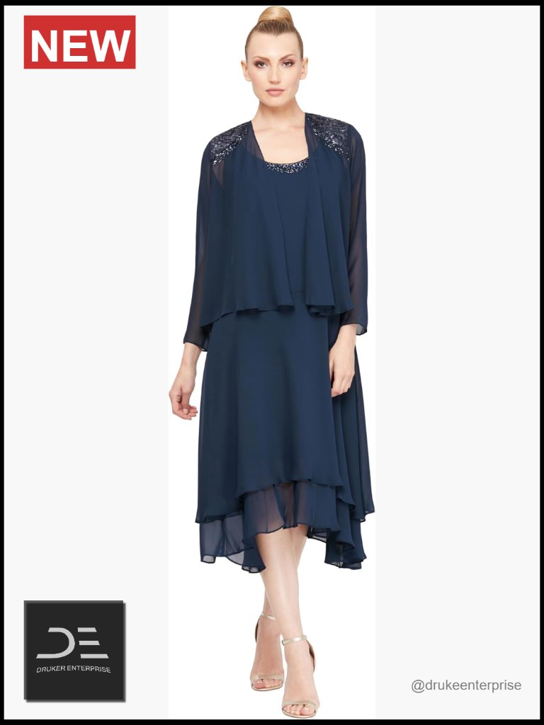 Mother Of The Bride Dress With Embellished Neckline & Shoulder Set
